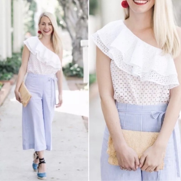 J.Crew One Shoulder Eyelet Ruffle White Lace Tank Top Size 14 - Picture 2 of 13